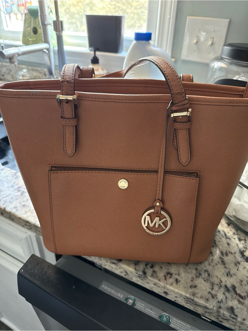 Michael Kors Tan Saffiano Leather Tote with MK Charm